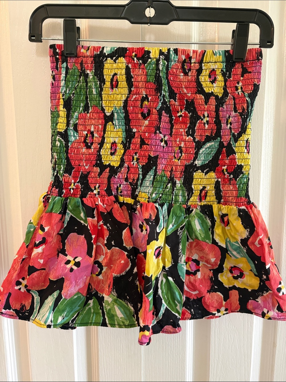 GB Black Floral Smocked Mini Top with Pink Yellow and Green Blooms